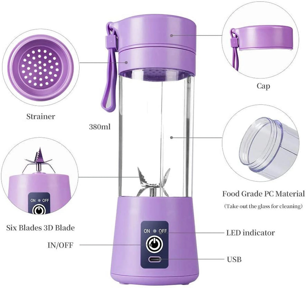 Portable Blender USB Rechargeable Juicer Cup with Six Blades Smoothies Mixer Fruit Machine 380Ml Water Bottle for Sports Travel Outdoors