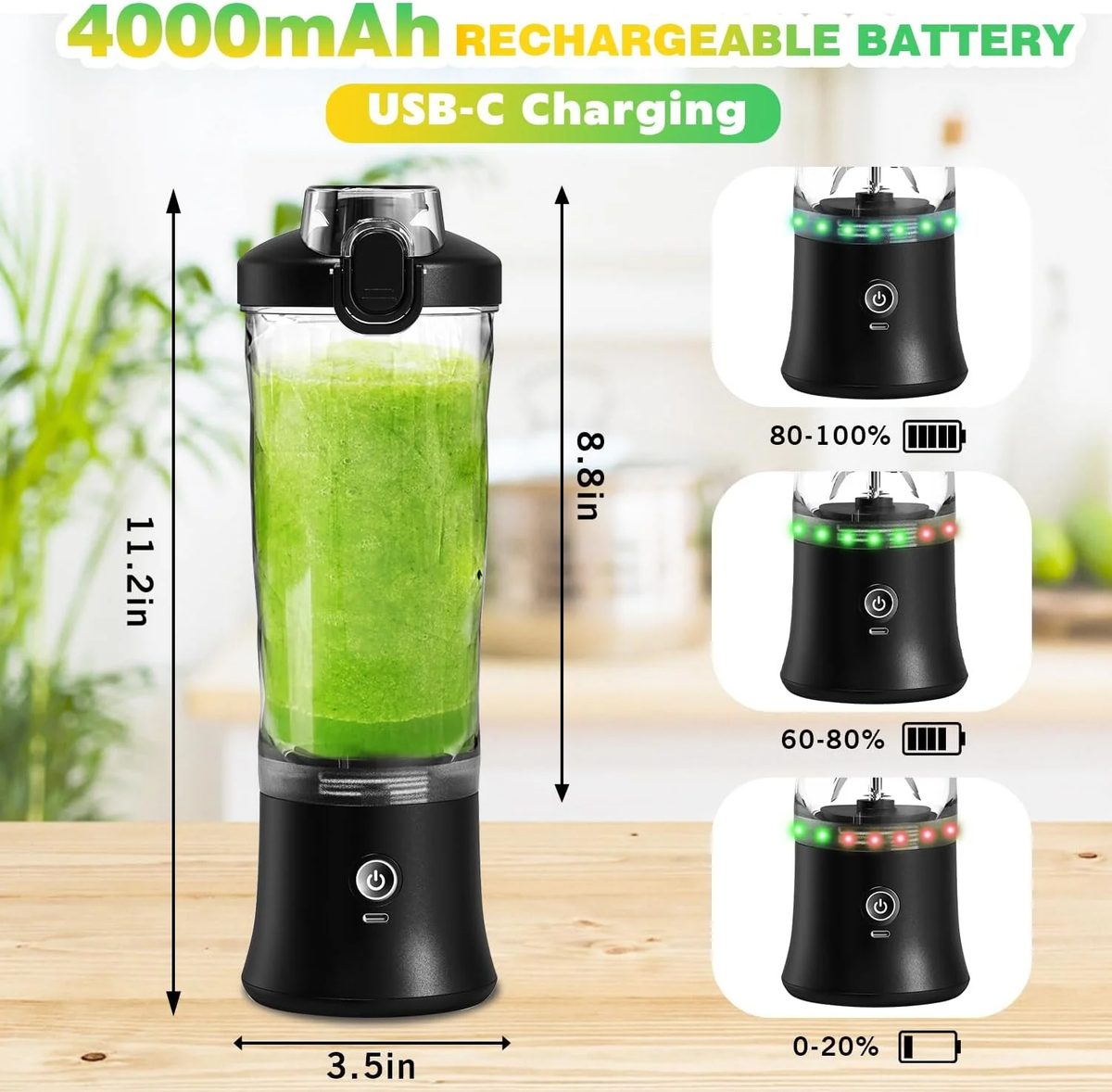 Portable Blender Personal Juicer for Shakes and Smoothies - 20 OZ Electric Protein Shaker Bottle with 6 Blades, Travel Lid, USB-C Rechargeable - Mini Small Blender Cup for Kitchen, Office, Gym