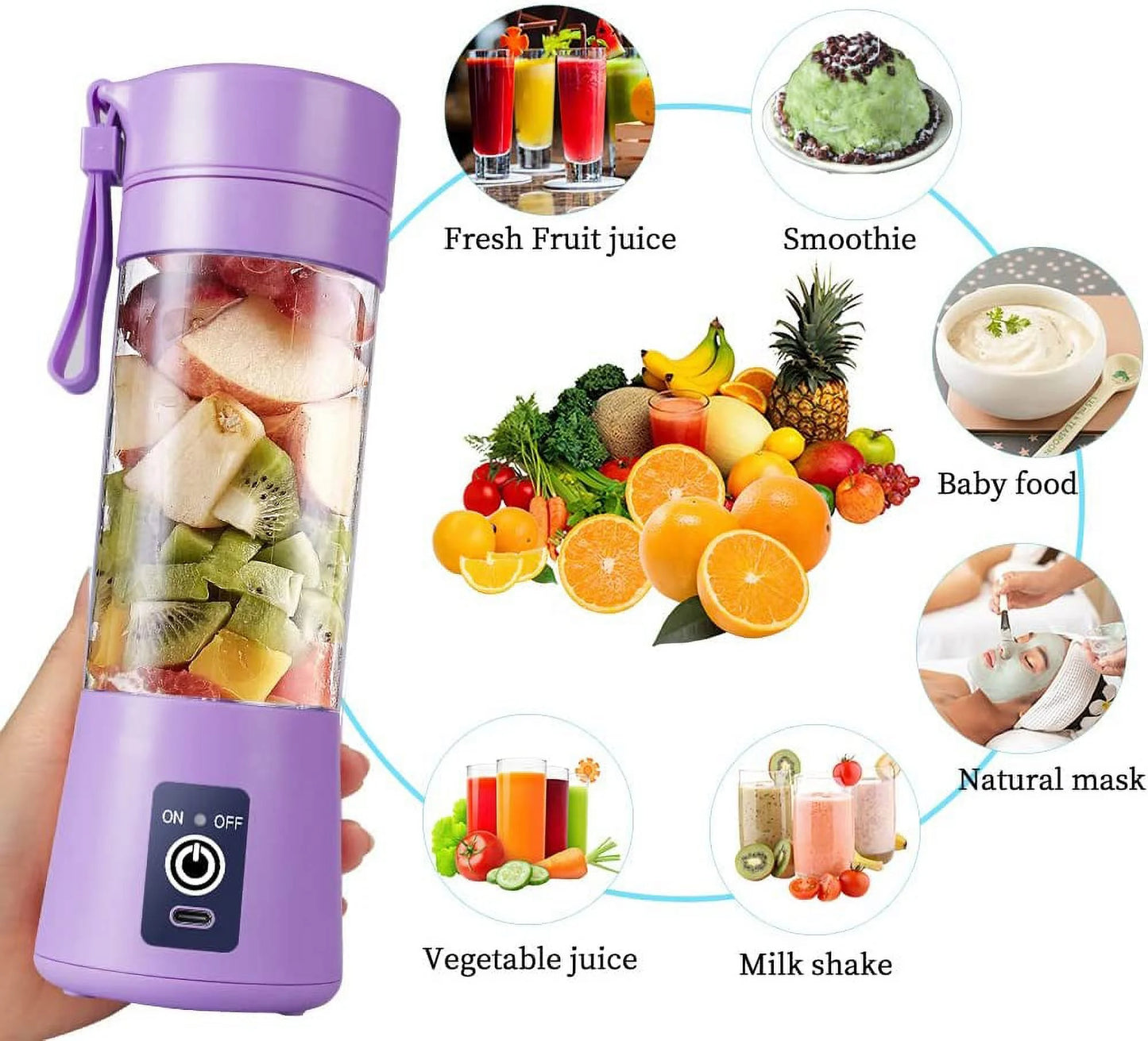 Portable Blender USB Rechargeable Juicer Cup with Six Blades Smoothies Mixer Fruit Machine 380Ml Water Bottle for Sports Travel Outdoors