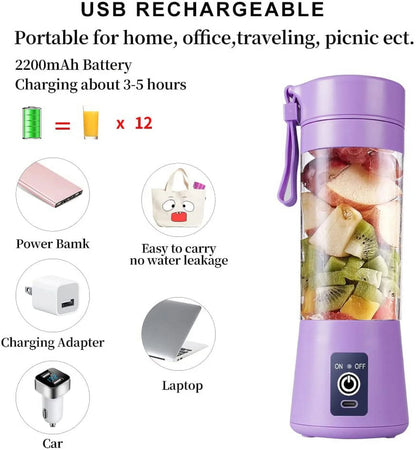 Portable Blender USB Rechargeable Juicer Cup with Six Blades Smoothies Mixer Fruit Machine 380Ml Water Bottle for Sports Travel Outdoors