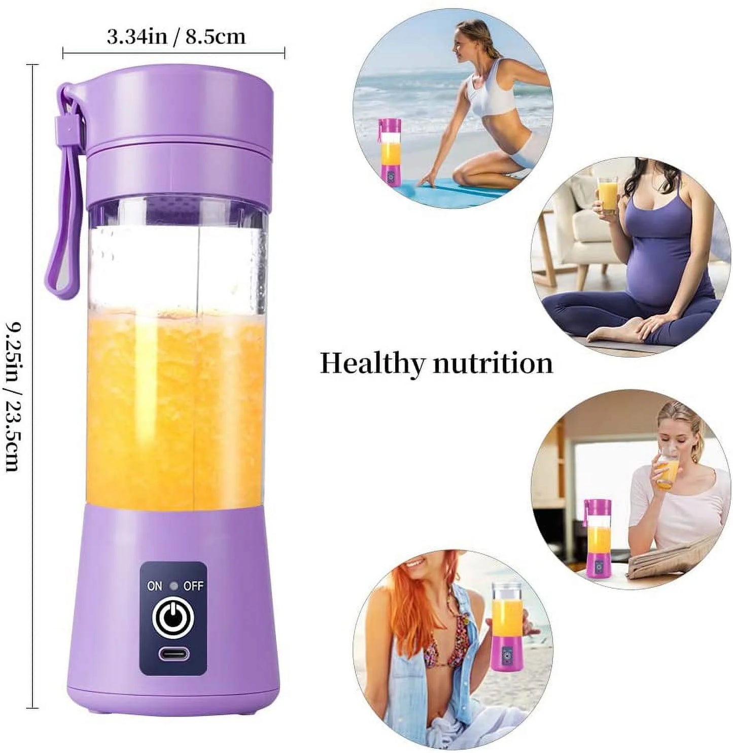 Portable Blender USB Rechargeable Juicer Cup with Six Blades Smoothies Mixer Fruit Machine 380Ml Water Bottle for Sports Travel Outdoors